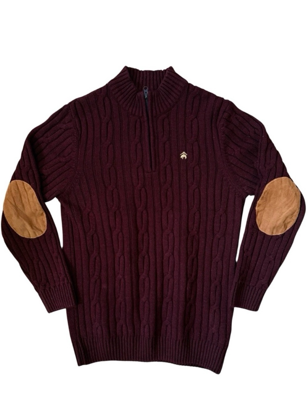 Brooks Brothers Elbow Patch Cable-Knit Quarter-Zip Sweater Men’s XL Burgundy Tan